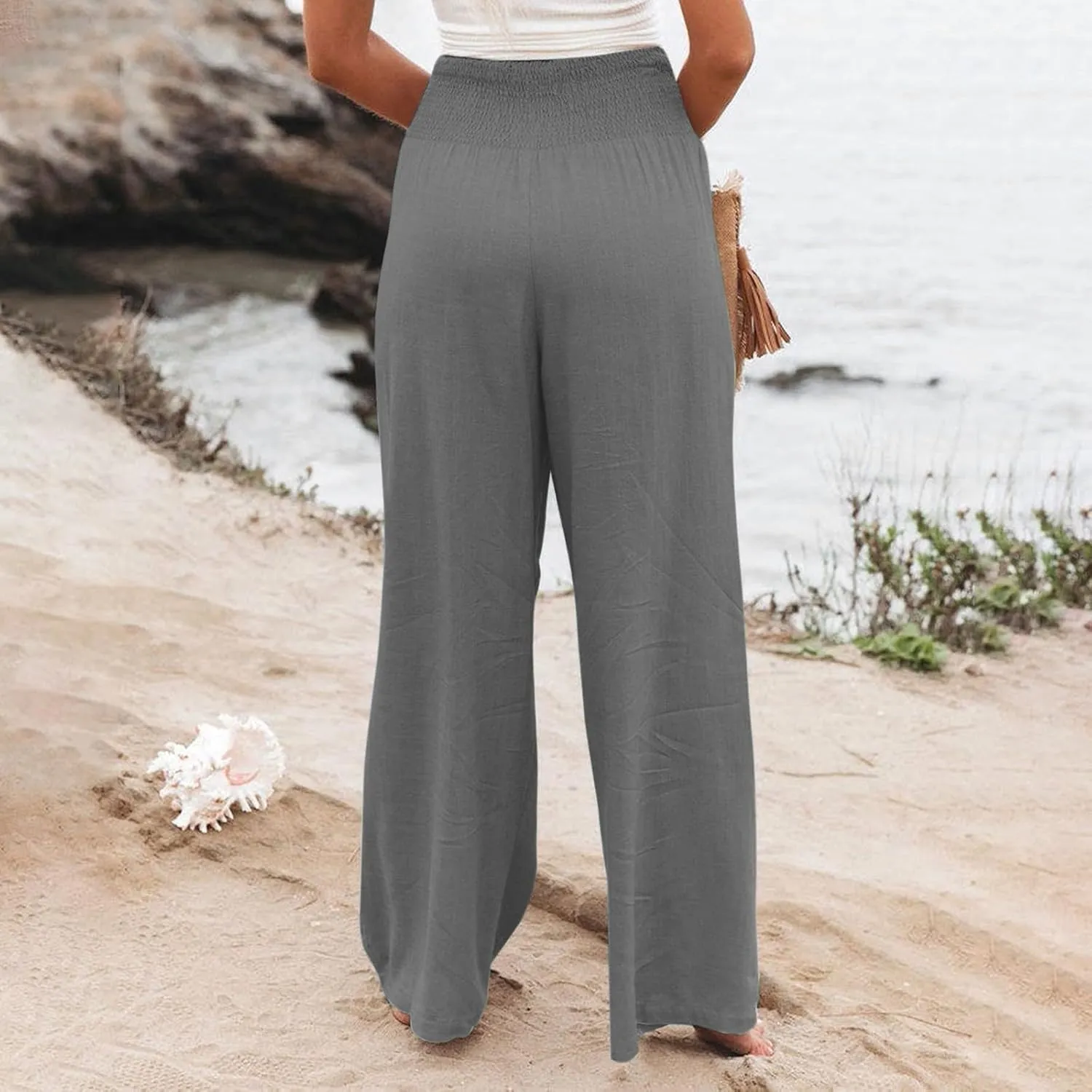 Linen Pants for Women Wide Leg High Waisted Palazzo 2024 Summer Beach Boho Smocked Trousers Lounge with Pockets