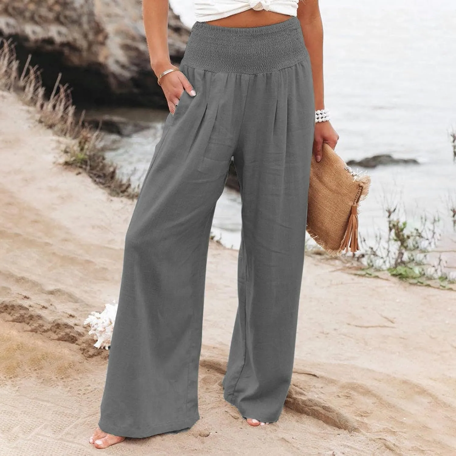 Linen Pants for Women Wide Leg High Waisted Palazzo 2024 Summer Beach Boho Smocked Trousers Lounge with Pockets