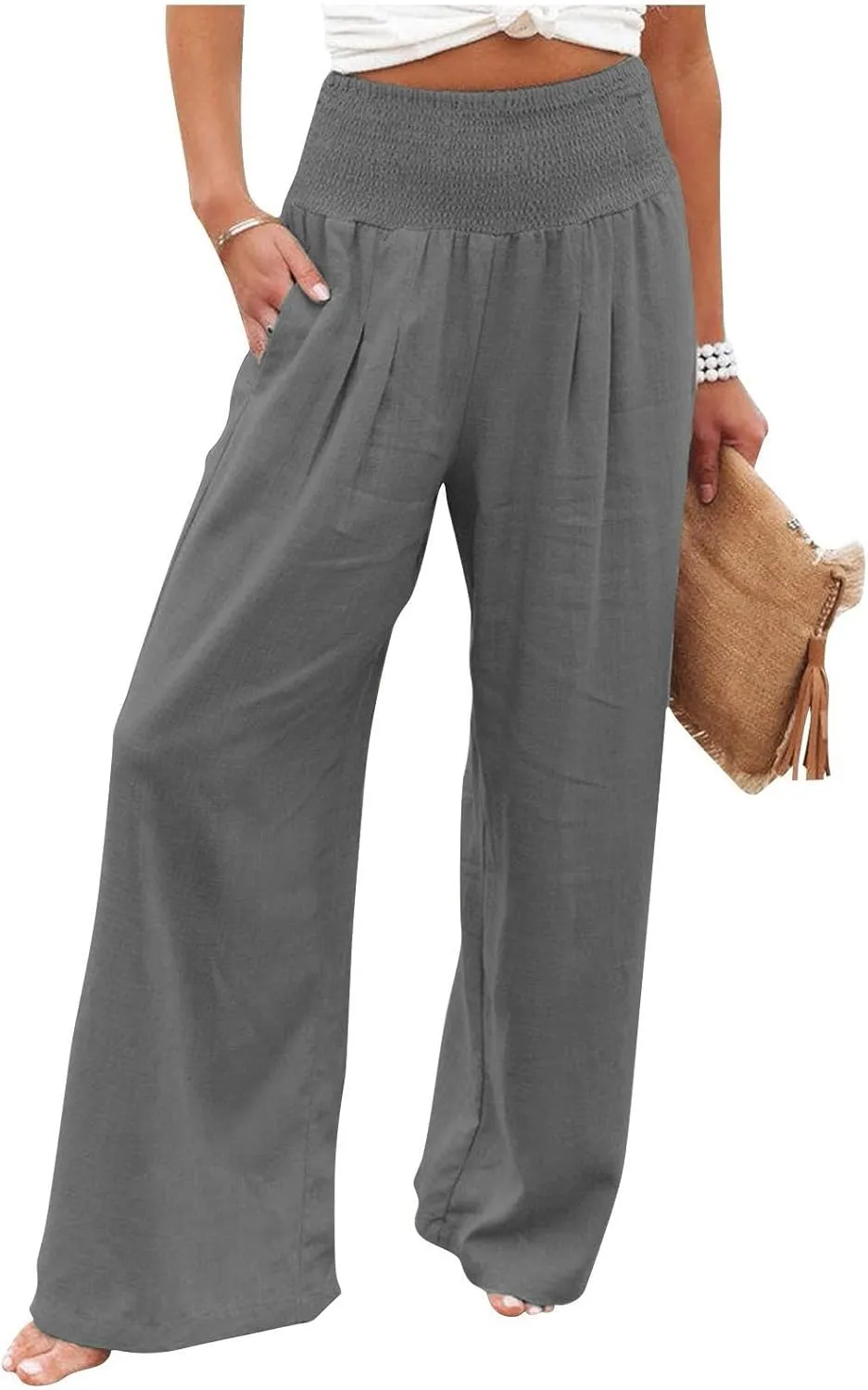 Linen Pants for Women Wide Leg High Waisted Palazzo 2024 Summer Beach Boho Smocked Trousers Lounge with Pockets