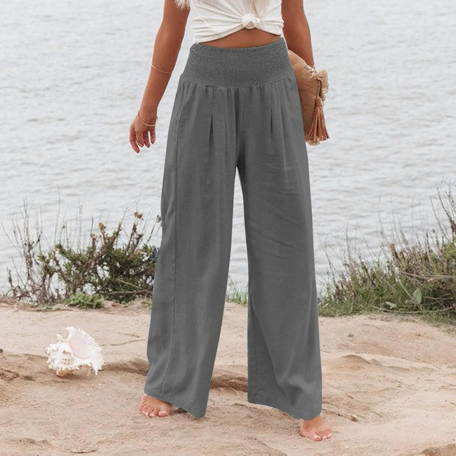 Linen Pants for Women Wide Leg High Waisted Palazzo 2024 Summer Beach Boho Smocked Trousers Lounge with Pockets