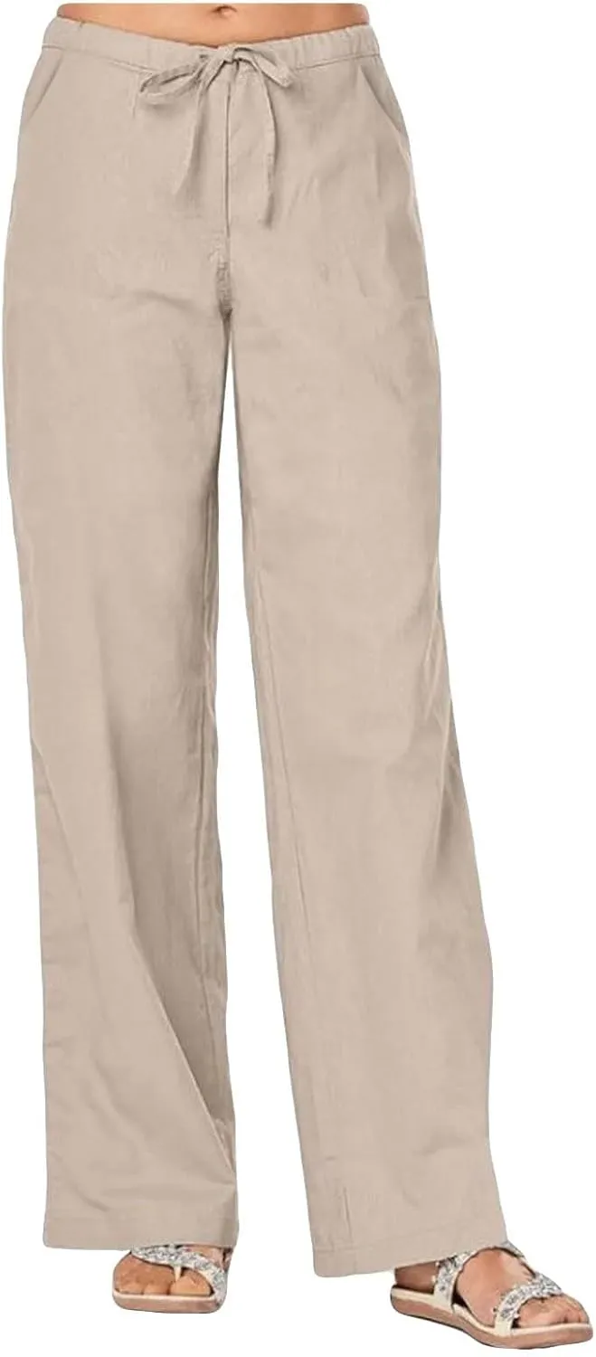Linen Pants Women 2025 Summer Lightweight Lounge Wide Leg Trousers Drawstring Low Waisted Palazzo Pants with Pockets