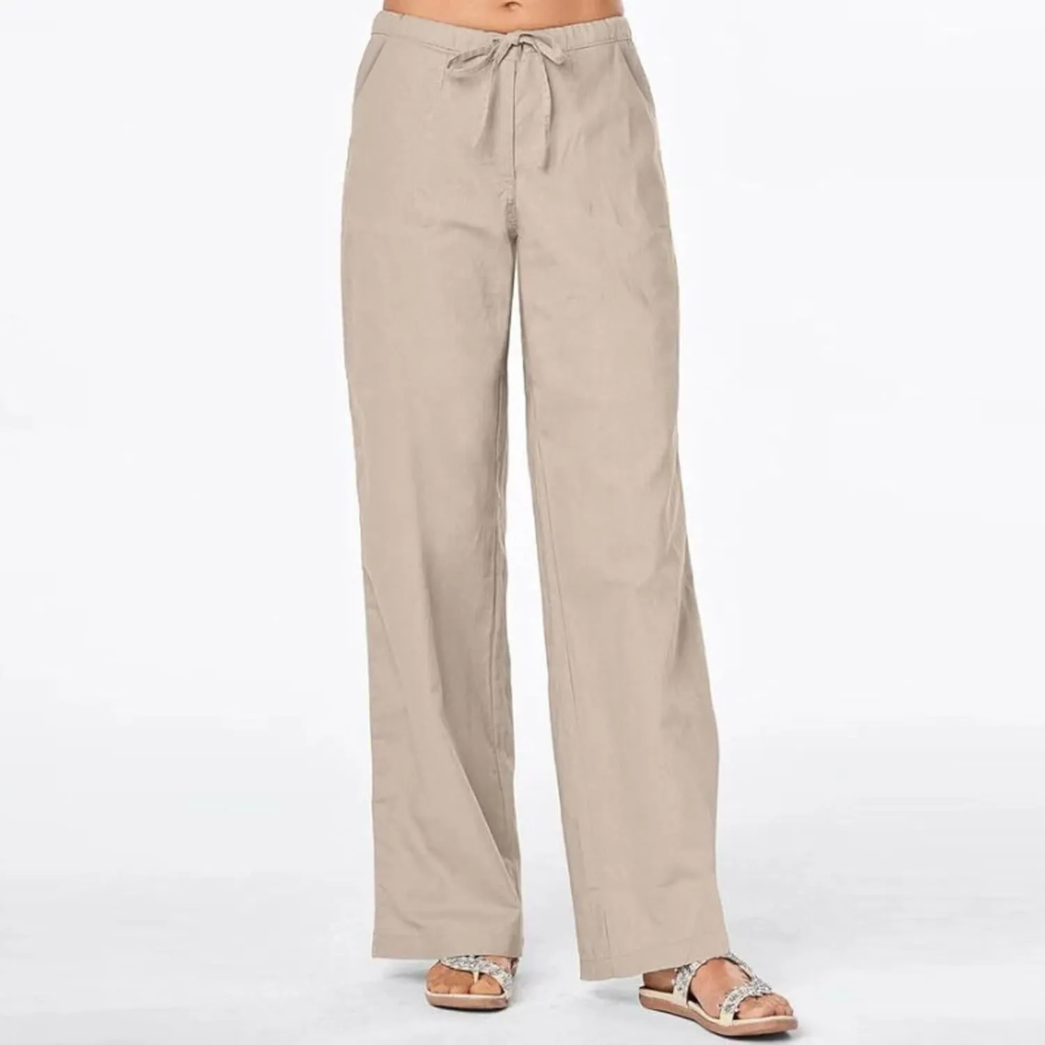 Linen Pants Women 2025 Summer Lightweight Lounge Wide Leg Trousers Drawstring Low Waisted Palazzo Pants with Pockets
