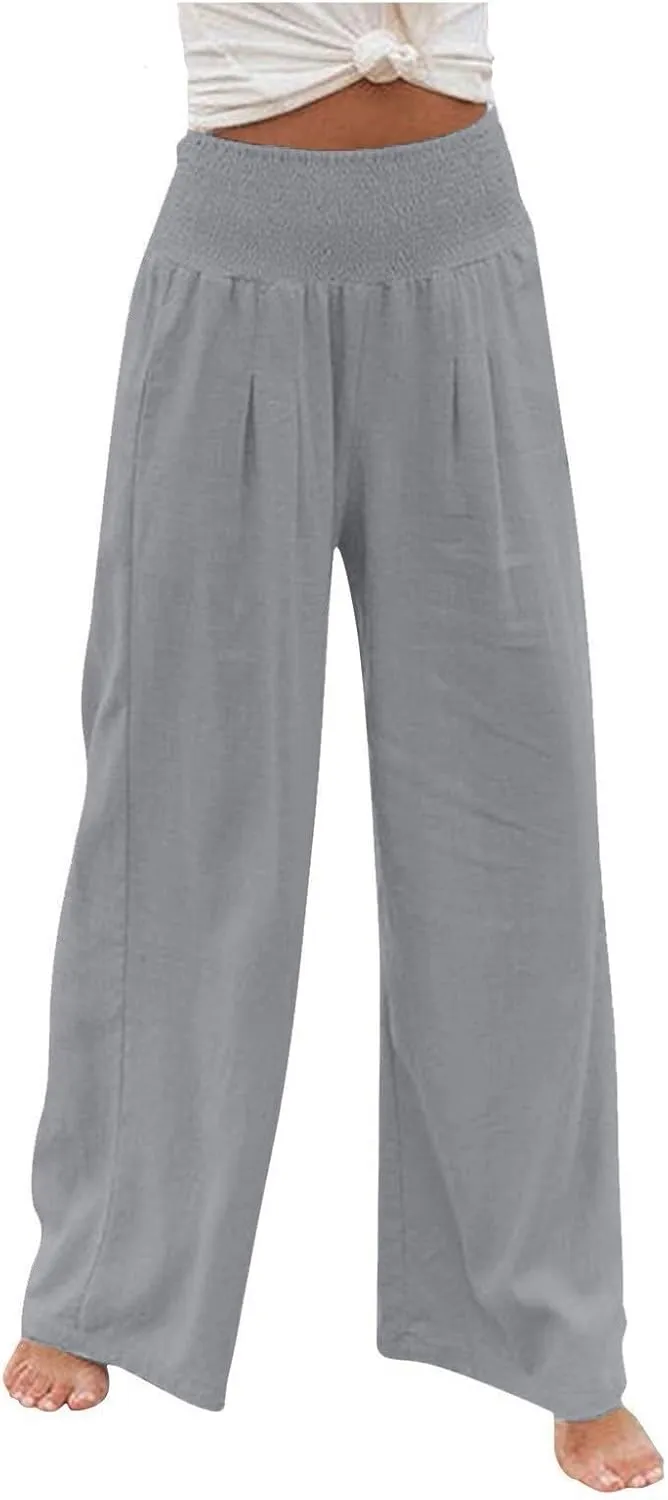 Linen Pants Women Baggy Wide Leg Flowy Beach Pants Elastic High Waisted Smocked Tummy Control Vacation Pants with Pockets