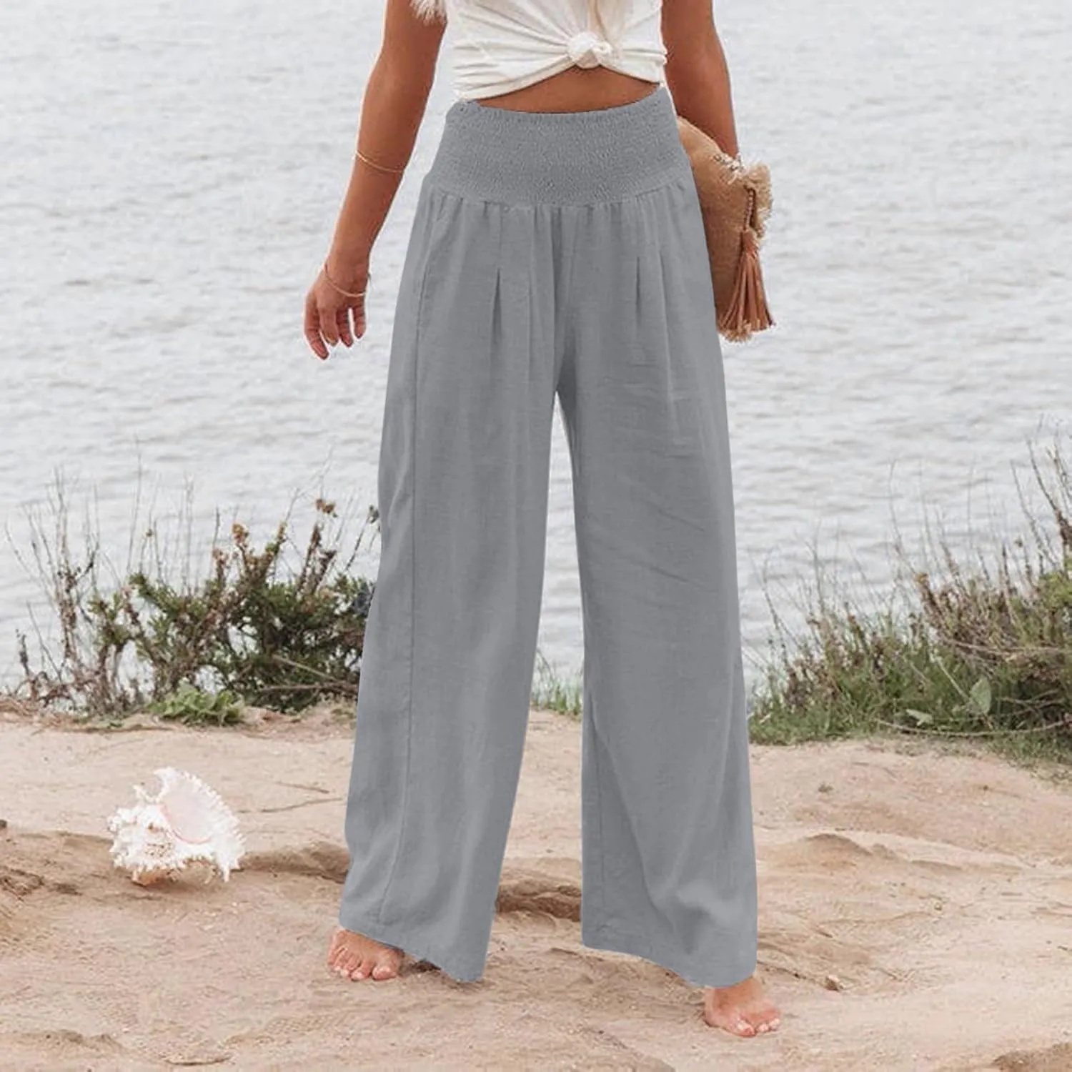 Linen Pants Women Baggy Wide Leg Flowy Beach Pants Elastic High Waisted Smocked Tummy Control Vacation Pants with Pockets