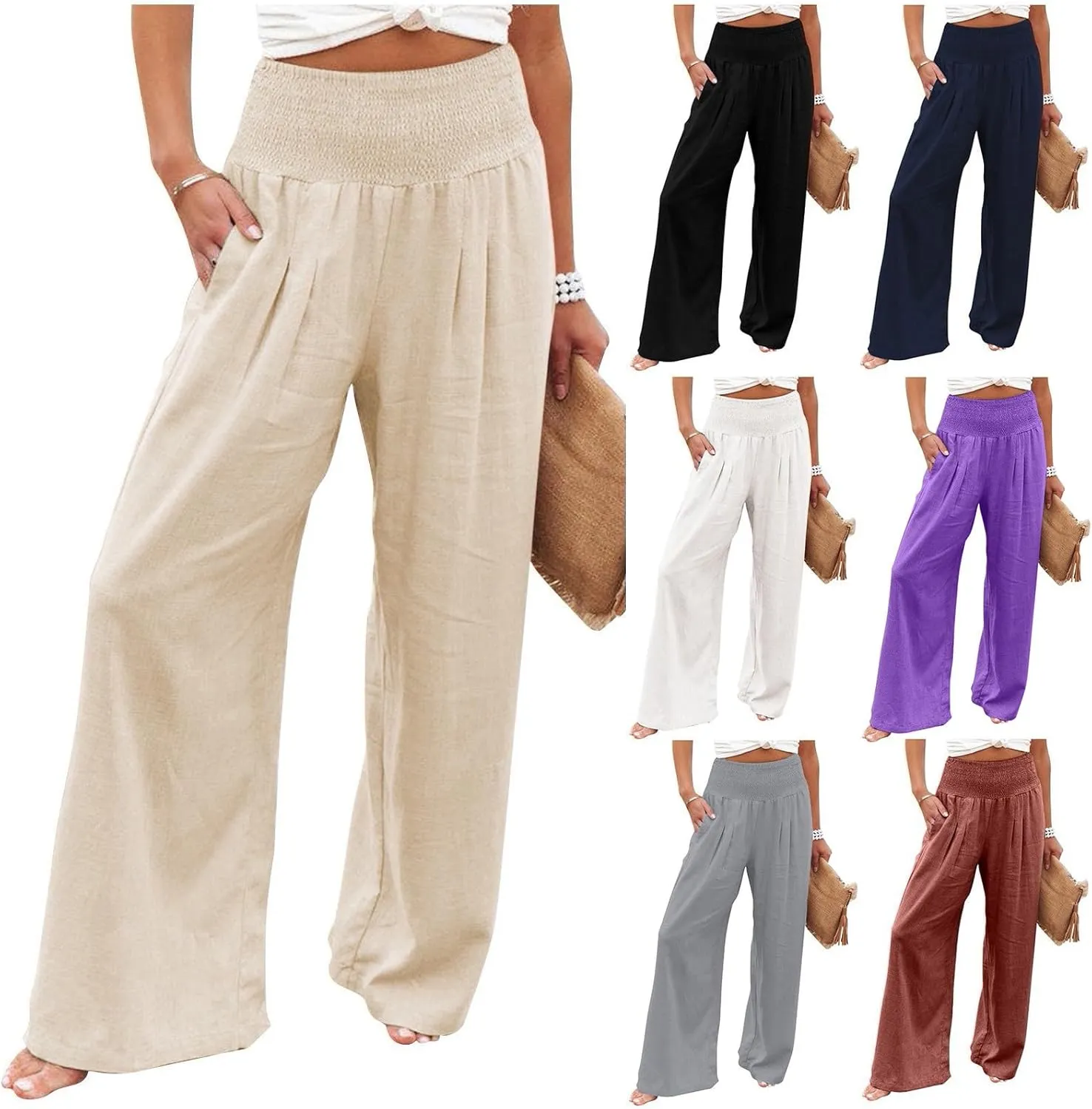 Linen Pants Women Baggy Wide Leg Flowy Beach Pants Elastic High Waisted Smocked Tummy Control Vacation Pants with Pockets