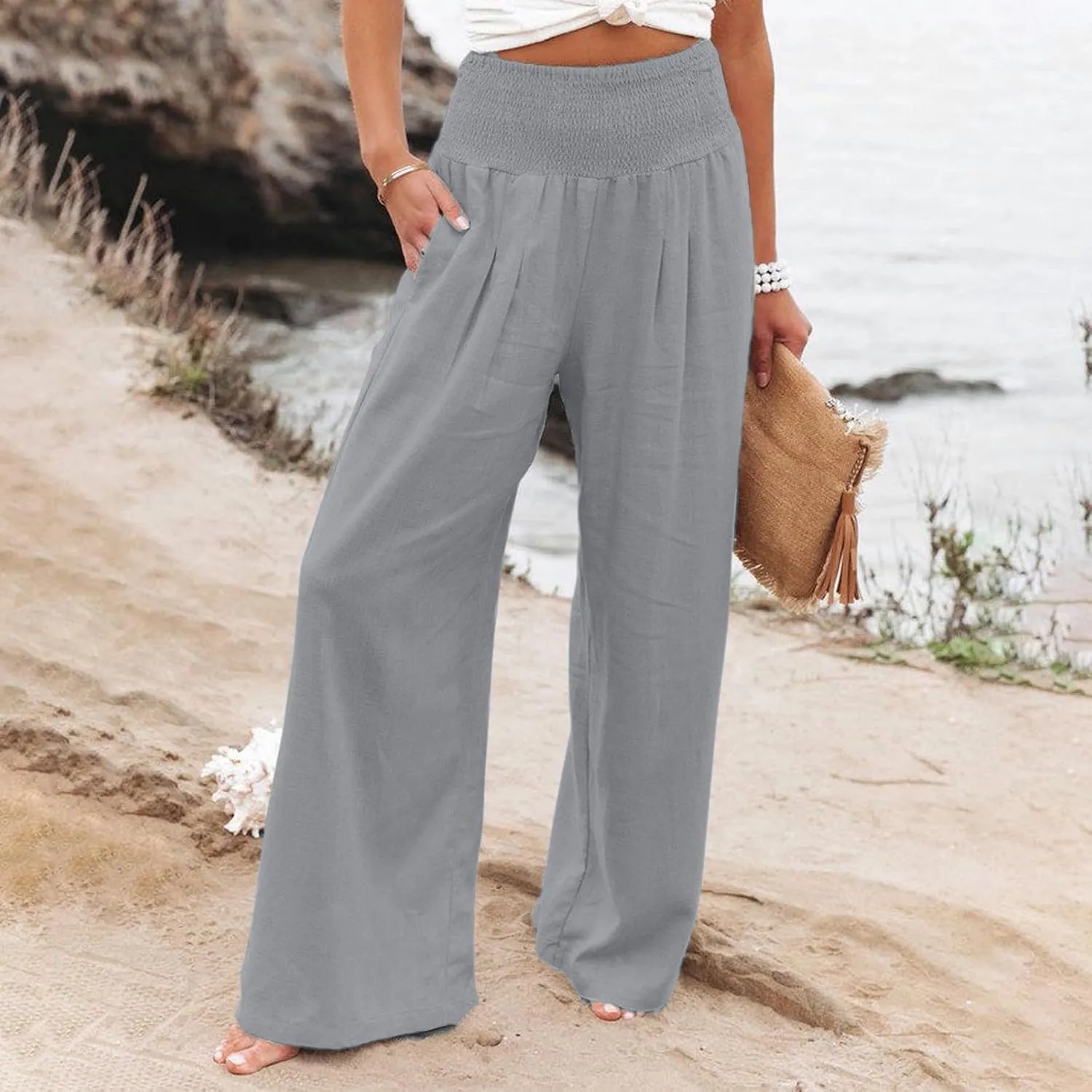 Linen Pants Women Baggy Wide Leg Flowy Beach Pants Elastic High Waisted Smocked Tummy Control Vacation Pants with Pockets