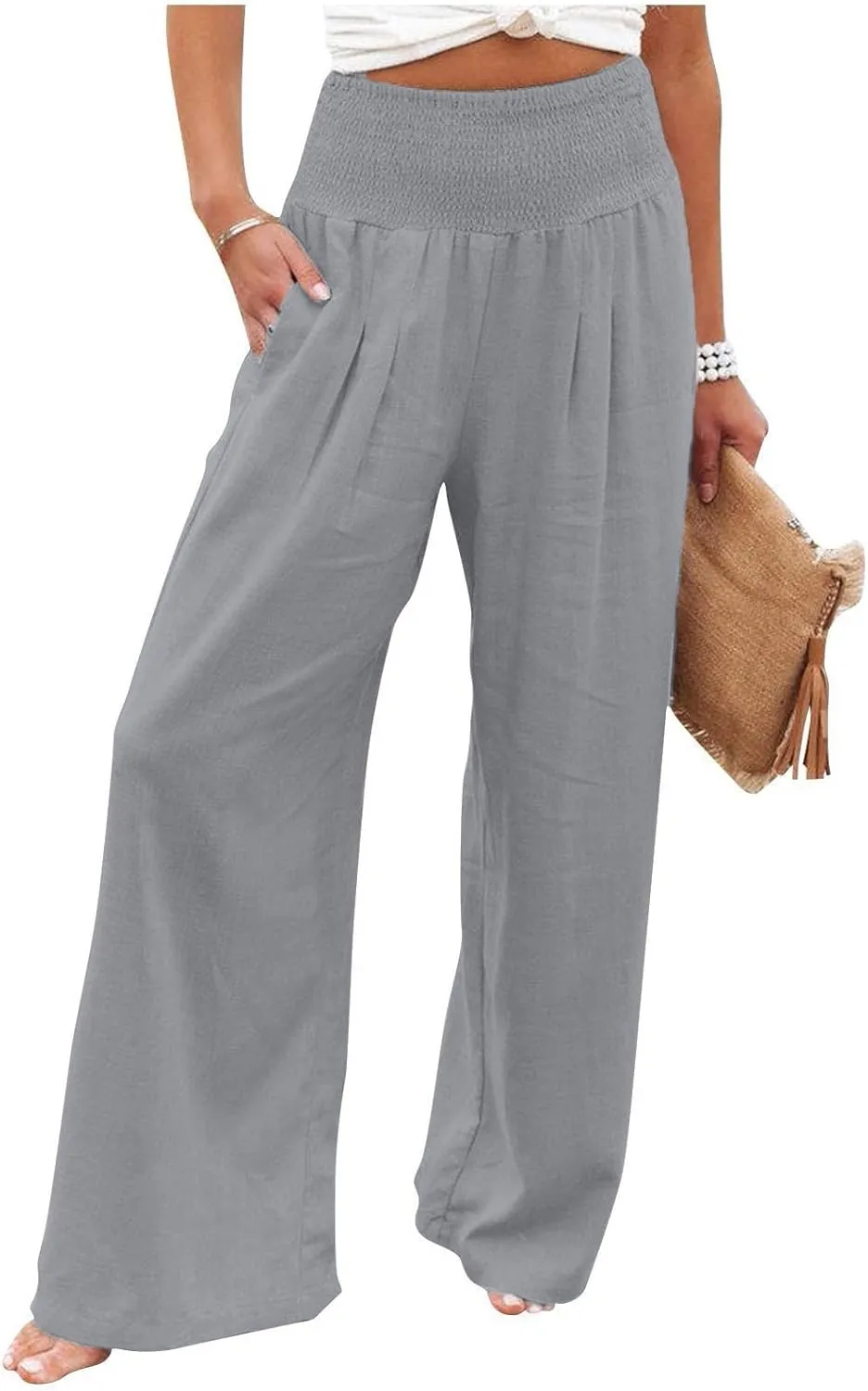 Linen Pants Women Baggy Wide Leg Flowy Beach Pants Elastic High Waisted Smocked Tummy Control Vacation Pants with Pockets