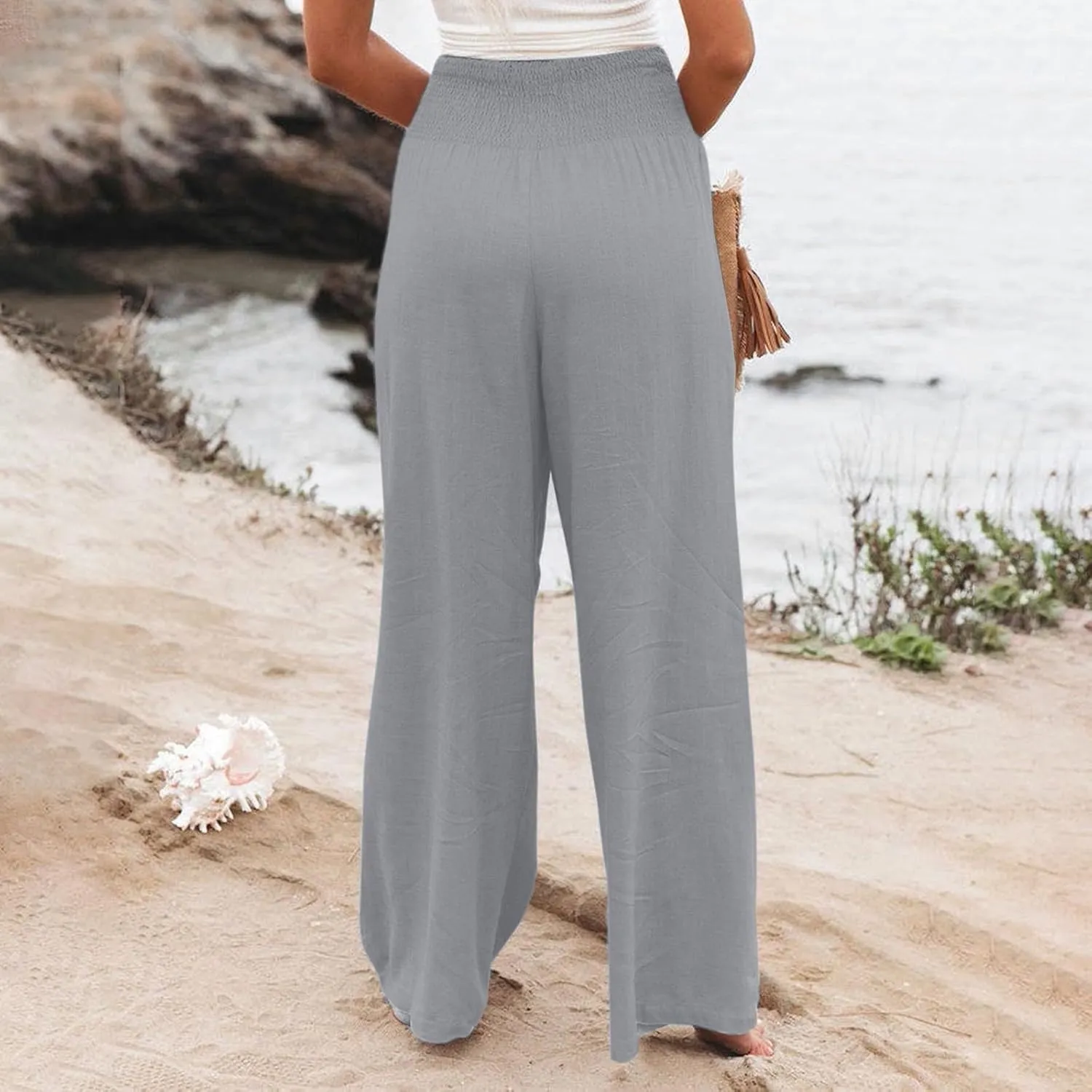 Linen Pants Women Baggy Wide Leg Flowy Beach Pants Elastic High Waisted Smocked Tummy Control Vacation Pants with Pockets