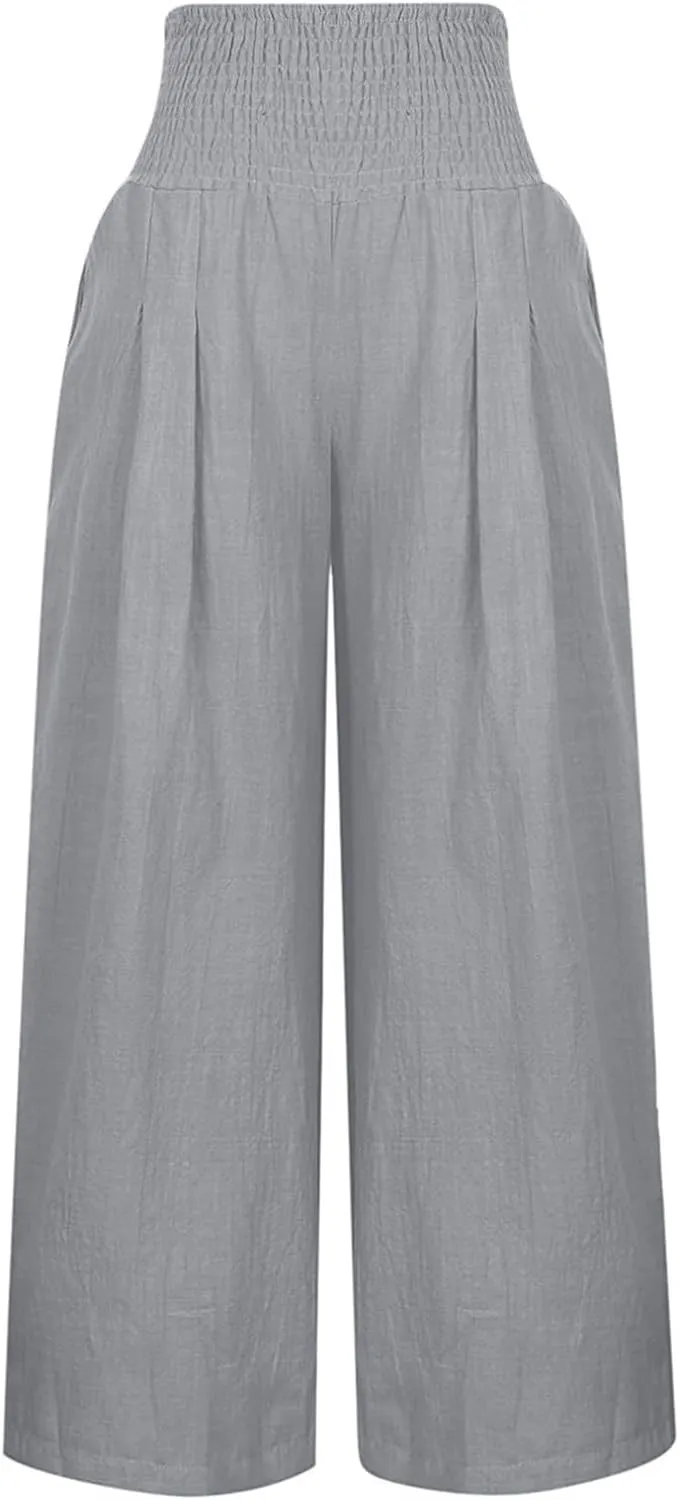 Linen Pants Women Baggy Wide Leg Flowy Beach Pants Elastic High Waisted Smocked Tummy Control Vacation Pants with Pockets