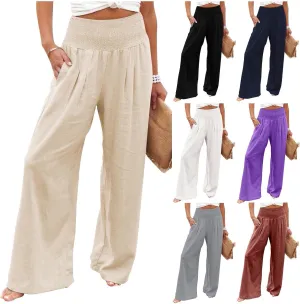 Linen Pants Women Baggy Wide Leg Flowy Beach Pants Elastic High Waisted Smocked Tummy Control Vacation Pants with Pockets
