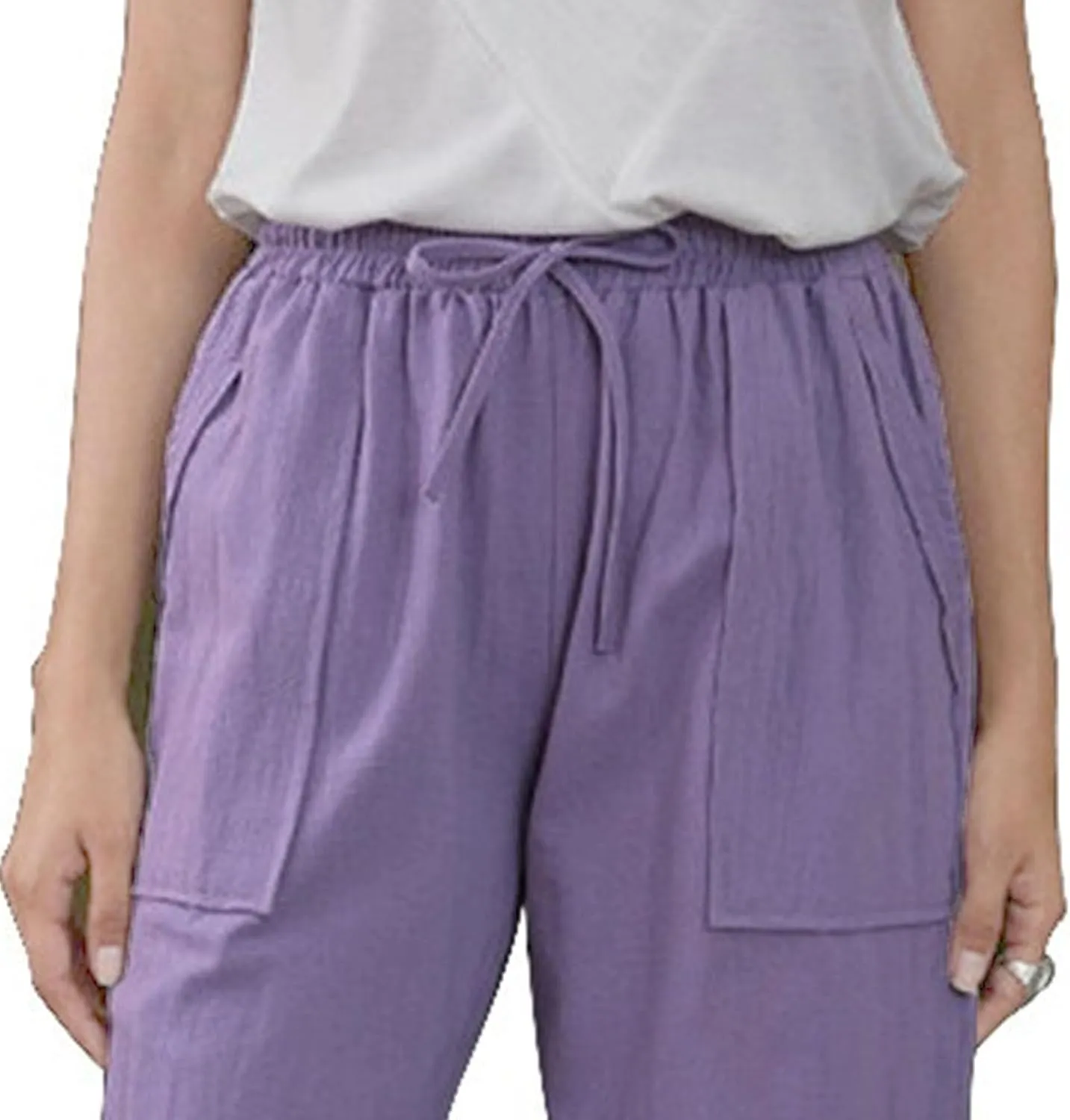 Linen Pants Women Straight Leg Pants Elastic Drawstring Casual Trousers with Pockets Summer Beach Lounge Pants