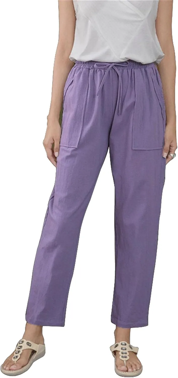 Linen Pants Women Straight Leg Pants Elastic Drawstring Casual Trousers with Pockets Summer Beach Lounge Pants
