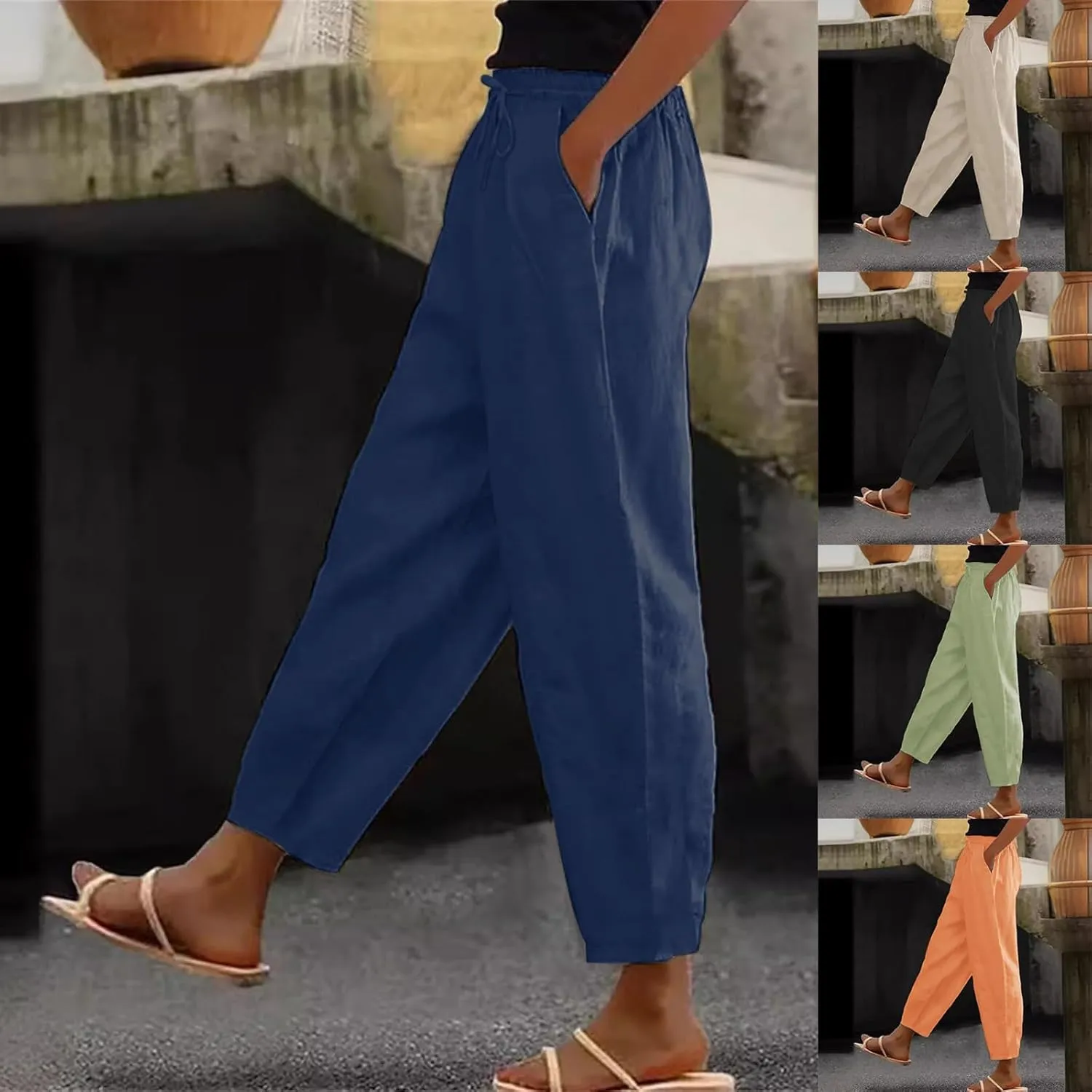 Linen Pants Women Summer High Elastic Waist Drawstring Palazzo Pants Straight Leg Slacks Cropped Trousers with Pockets