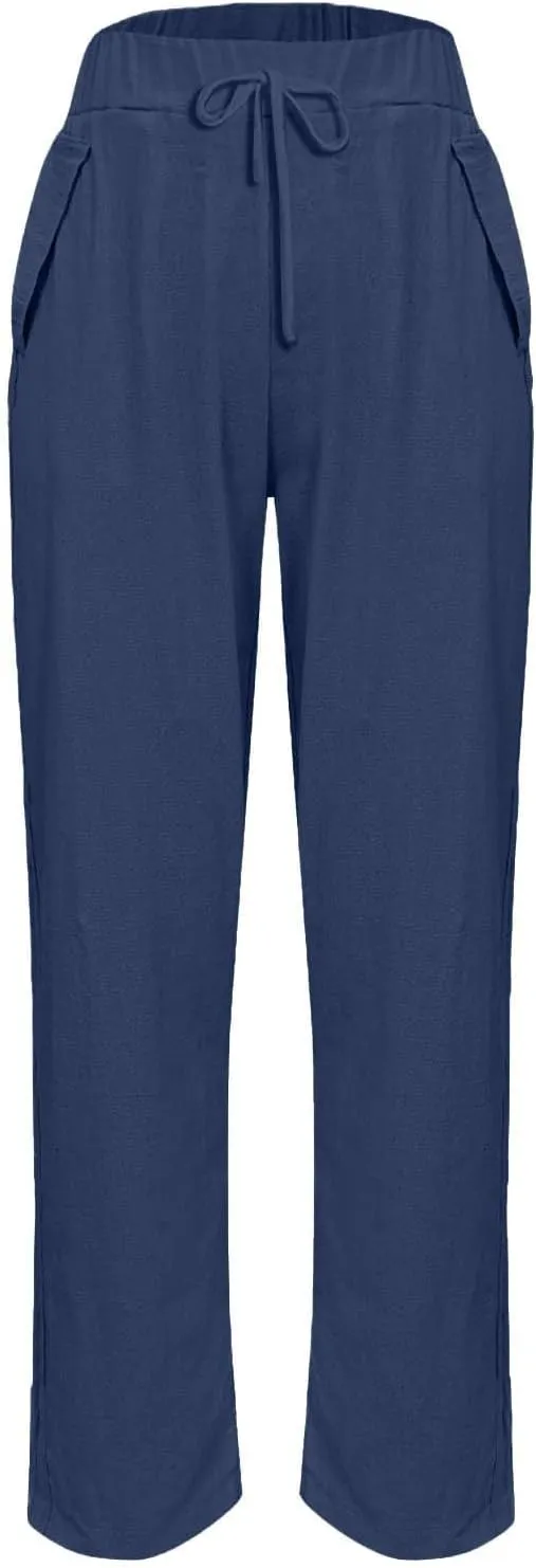 Linen Pants Women Summer High Elastic Waist Drawstring Palazzo Pants Straight Leg Slacks Cropped Trousers with Pockets