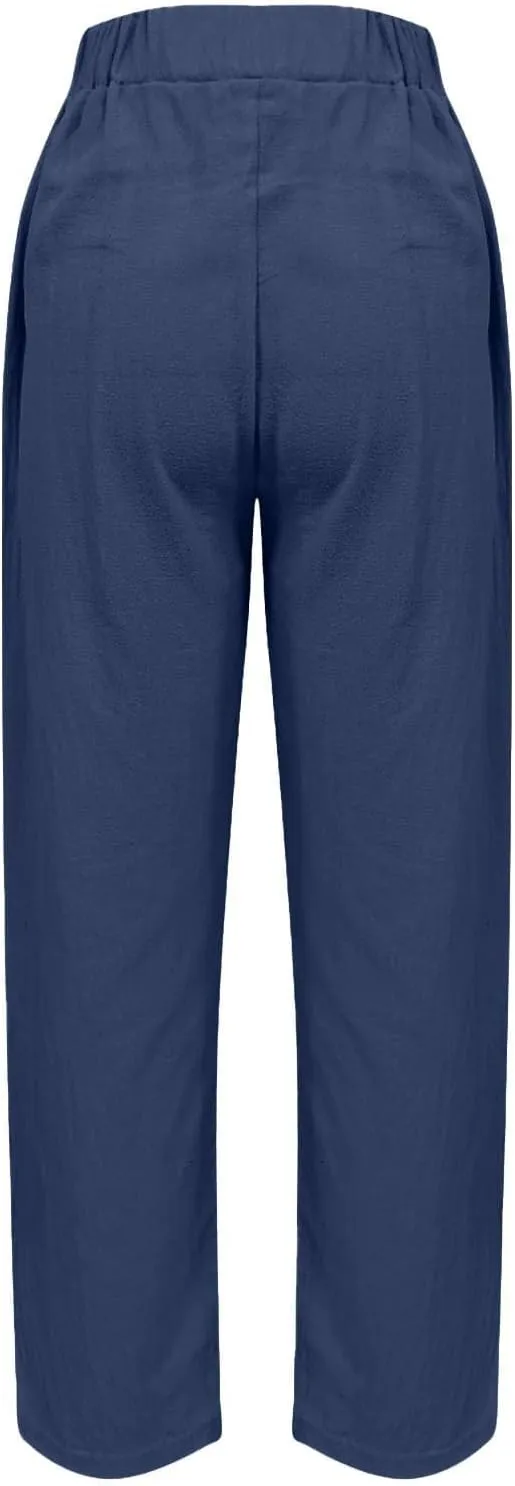 Linen Pants Women Summer High Elastic Waist Drawstring Palazzo Pants Straight Leg Slacks Cropped Trousers with Pockets