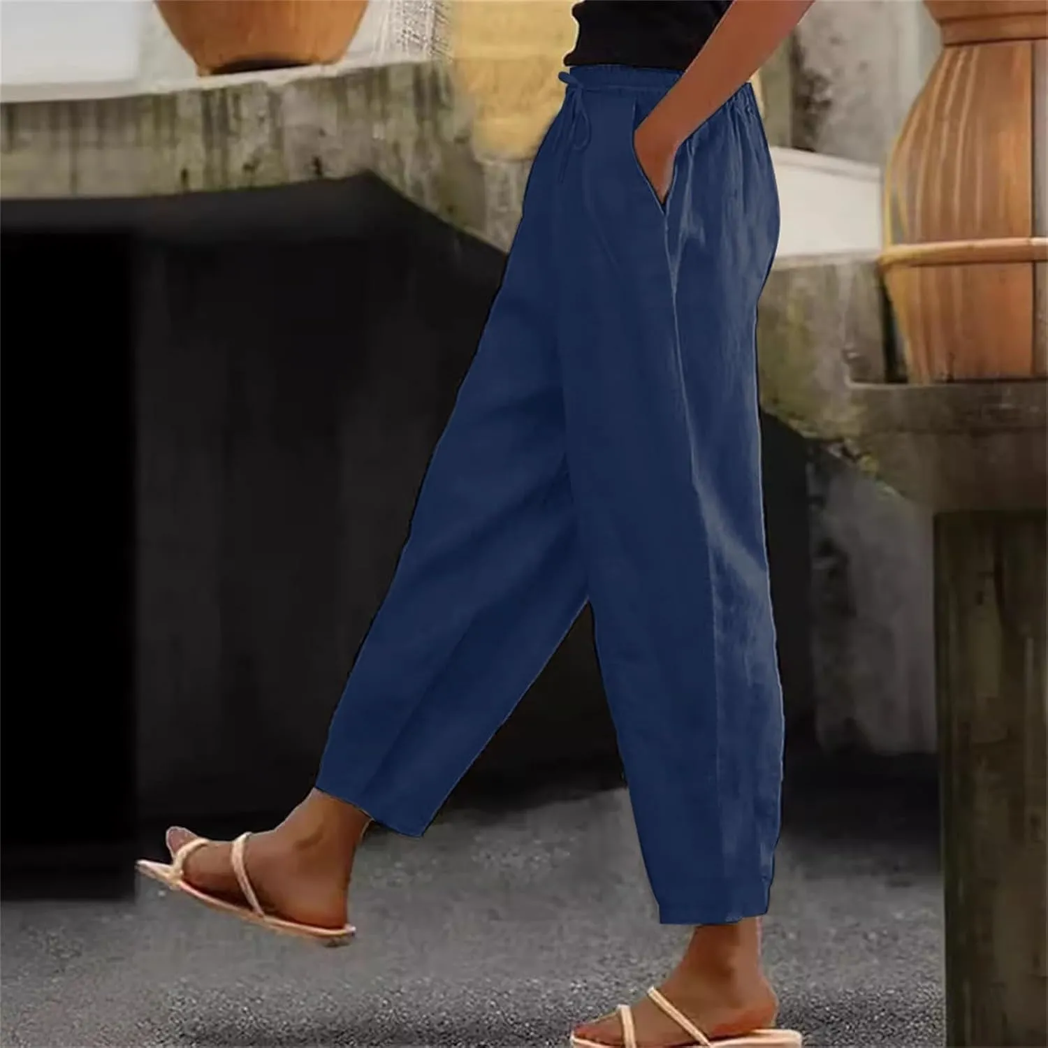 Linen Pants Women Summer High Elastic Waist Drawstring Palazzo Pants Straight Leg Slacks Cropped Trousers with Pockets