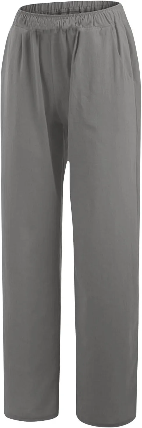 Linen Pants Women Summer High Waist Drawstring Elastic Lightweight Flowy Wide Leg Palazzo Pants Lounge Trousers