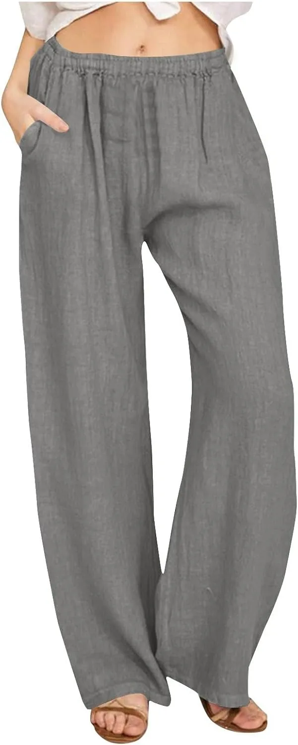 Linen Pants Women Summer High Waist Drawstring Elastic Lightweight Flowy Wide Leg Palazzo Pants Lounge Trousers