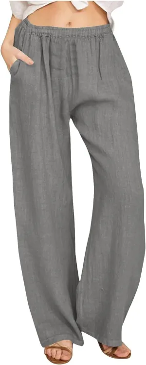 Linen Pants Women Summer High Waist Drawstring Elastic Lightweight Flowy Wide Leg Palazzo Pants Lounge Trousers