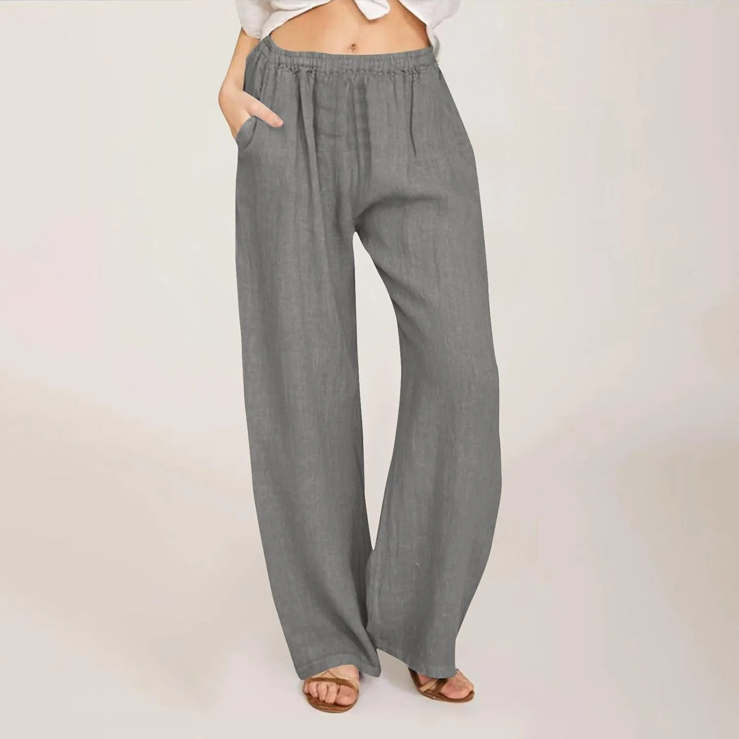 Linen Pants Women Summer High Waist Drawstring Elastic Lightweight Flowy Wide Leg Palazzo Pants Lounge Trousers