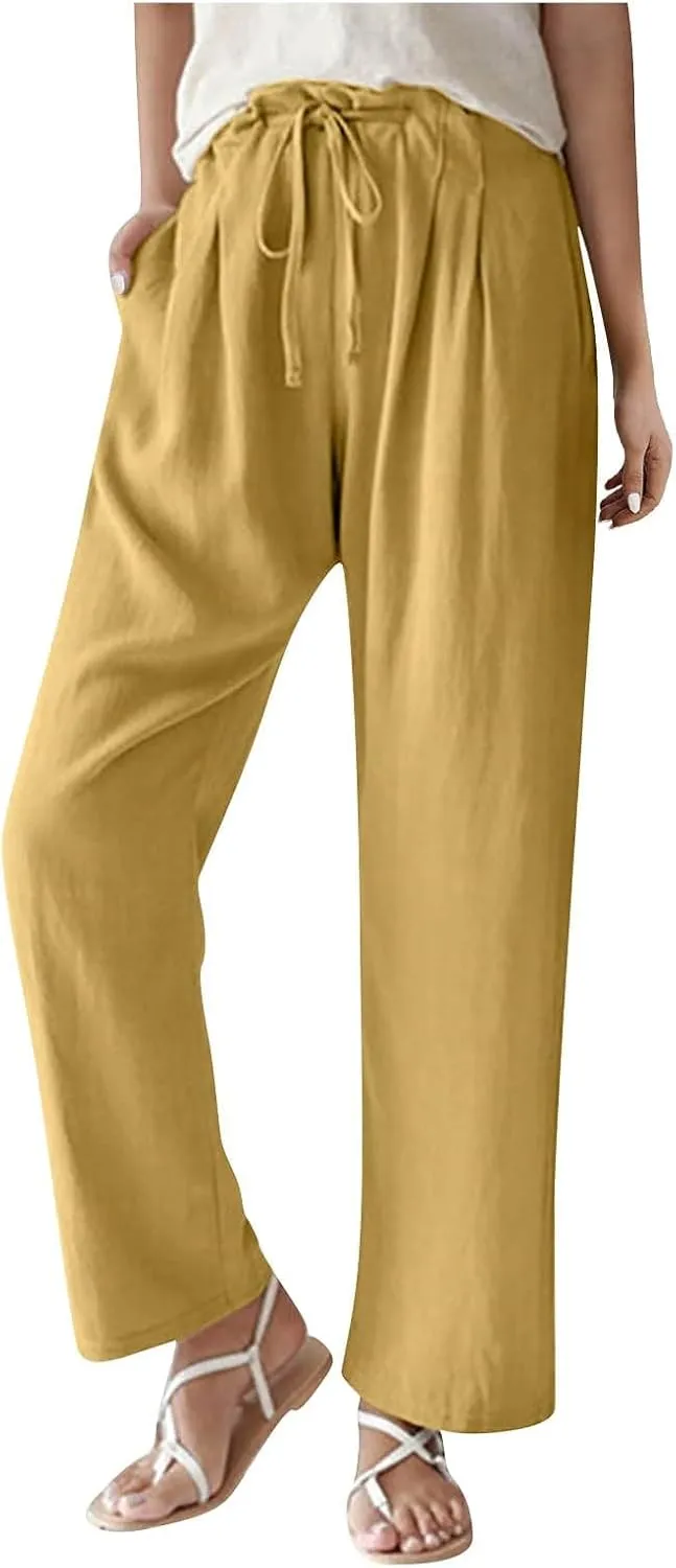 Linen Pants Women Summer Ruffle High Waisted Plus Size Wide Leg Pants Baggy Lounge Trousers with Pockets S-5Xl