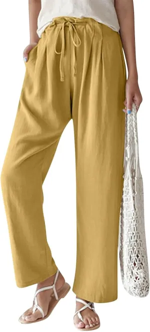 Linen Pants Women Summer Ruffle High Waisted Plus Size Wide Leg Pants Baggy Lounge Trousers with Pockets S-5Xl