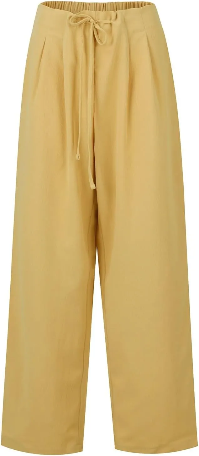 Linen Pants Women Summer Ruffle High Waisted Plus Size Wide Leg Pants Baggy Lounge Trousers with Pockets S-5Xl