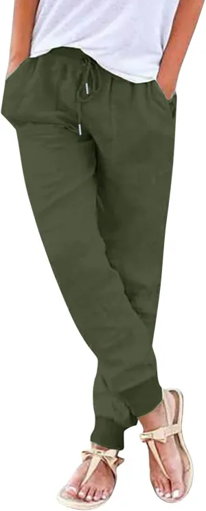 Linen Straight Leg Pants for Women 2025 Summer Work Trousers with Pockets Drawstring High Waisted Pants Casual Linen Pants