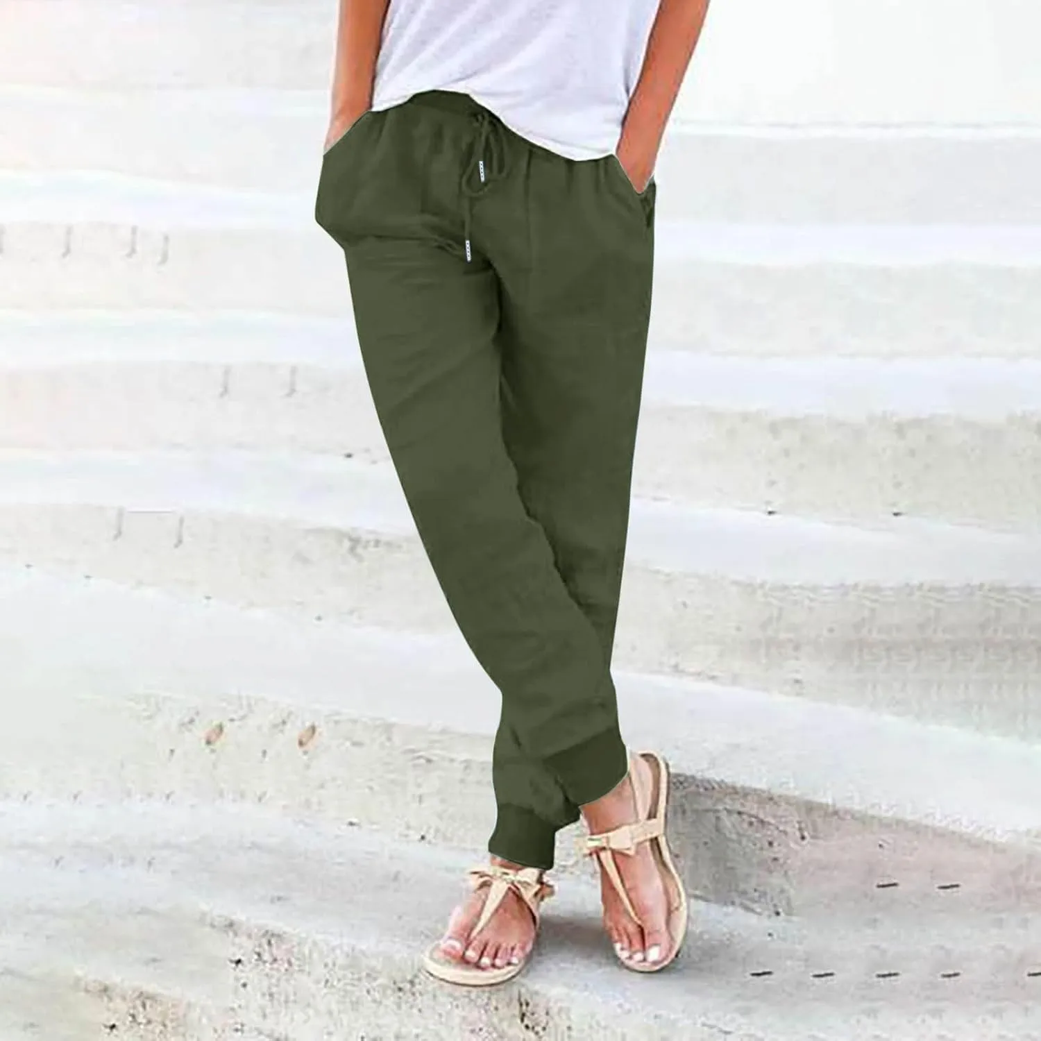 Linen Straight Leg Pants for Women 2025 Summer Work Trousers with Pockets Drawstring High Waisted Pants Casual Linen Pants