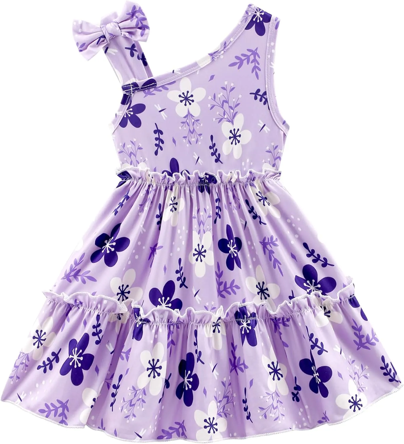 Little Girls Floral Dress - One Shoulder Twirl Tiered A-Line Toddler Party Dress Kids Summer Outfits for 2-8 Years