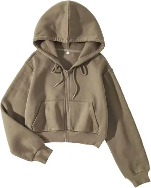 LOFAAC Women Fleece Full Zip Up Cropped Hoodie Sweatshirt 90s Long Sleeve Drawstring Hooded Crop Jacket Top with Pockets