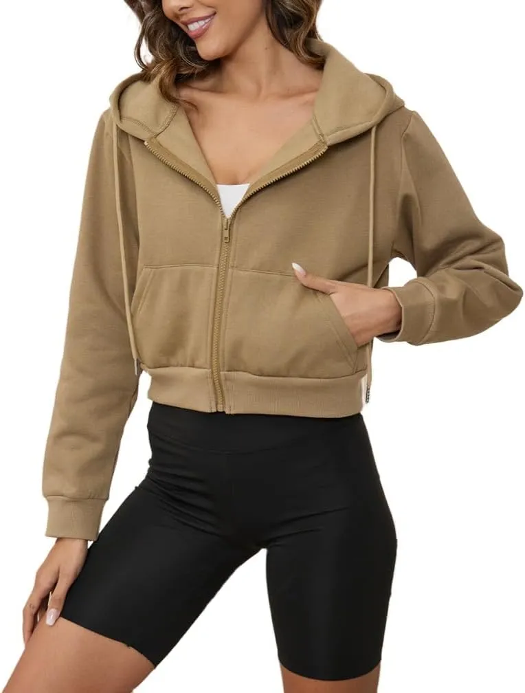 LOFAAC Women Fleece Full Zip Up Cropped Hoodie Sweatshirt 90s Long Sleeve Drawstring Hooded Crop Jacket Top with Pockets