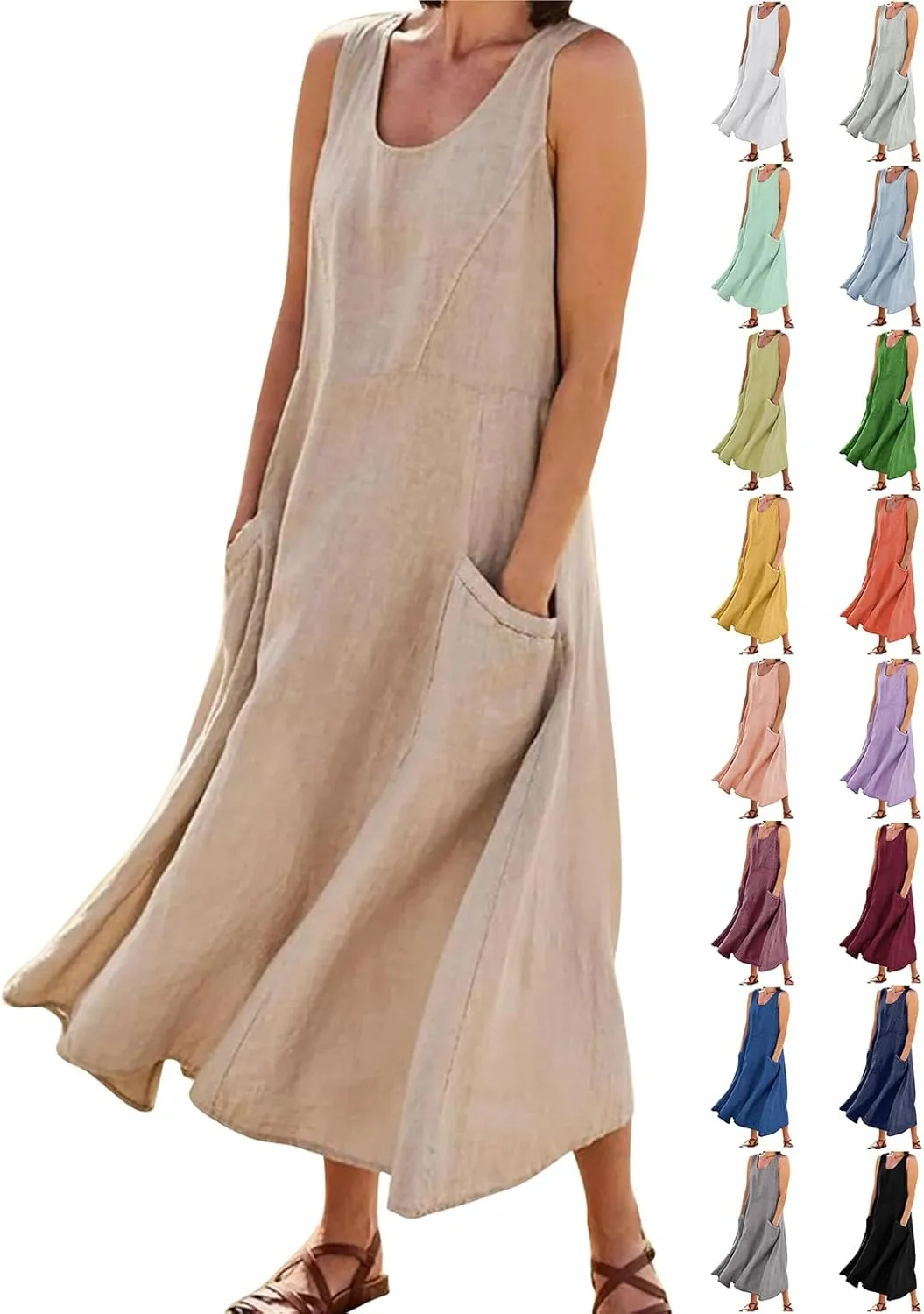 Long Dresses for Women Plus Size Cotton Cute Midi Sundress Plain Linen Sleeveless Summer Dresses with Pockets