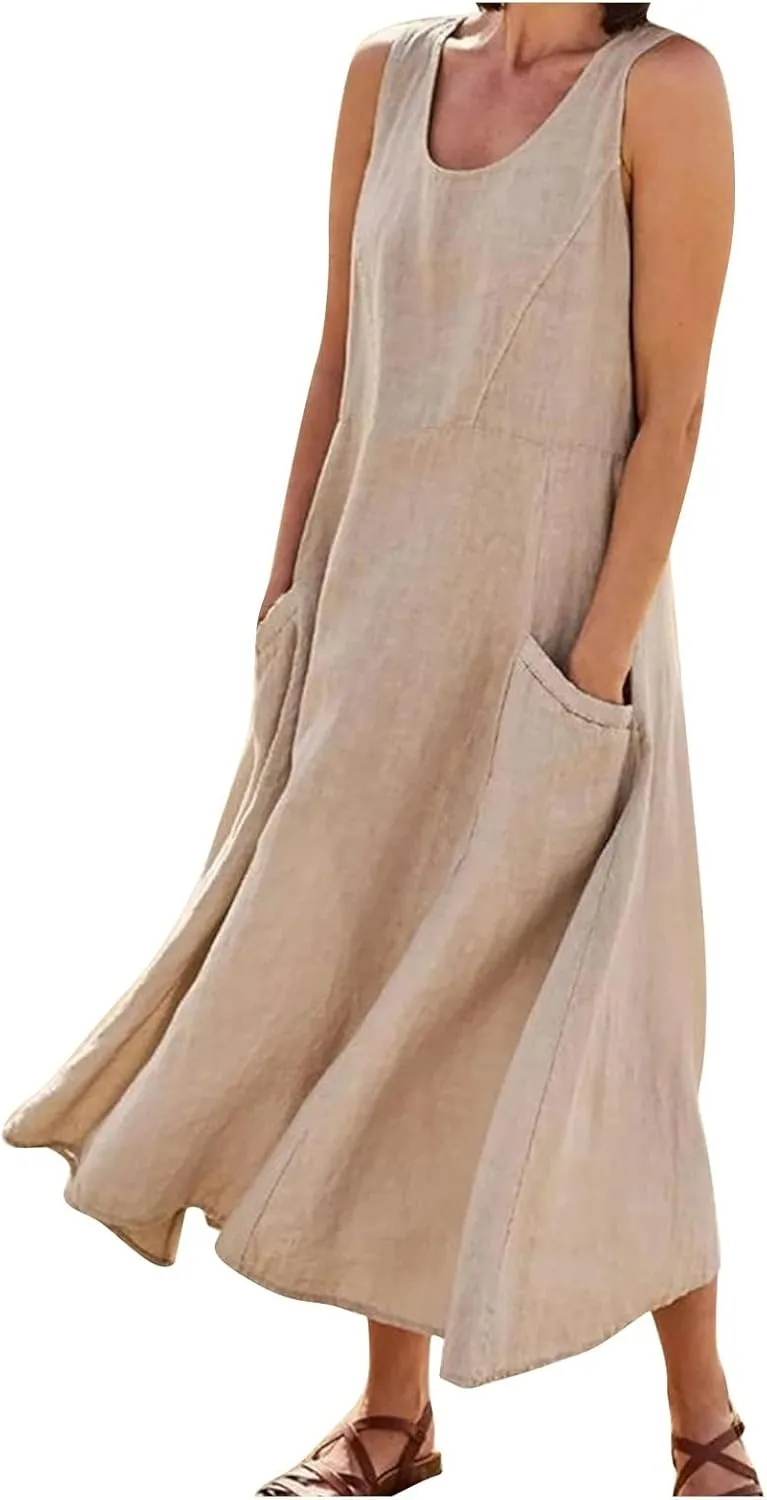 Long Dresses for Women Plus Size Cotton Cute Midi Sundress Plain Linen Sleeveless Summer Dresses with Pockets