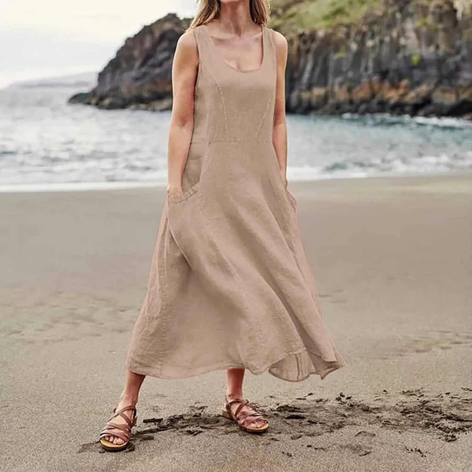 Long Dresses for Women Plus Size Cotton Cute Midi Sundress Plain Linen Sleeveless Summer Dresses with Pockets