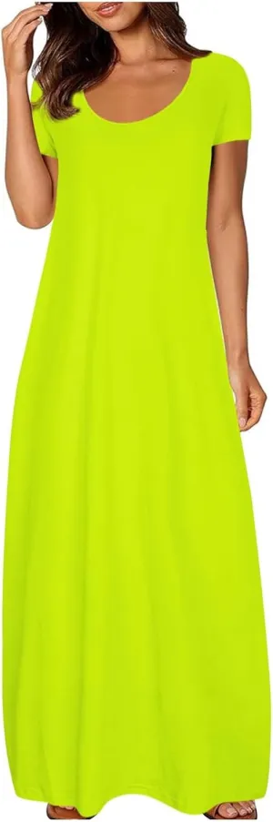 Long Dresses for Women Summer 2025 Round Neck Casual Loose Beach Dress with Pockets Plus Size Solid Color Maxi Dress
