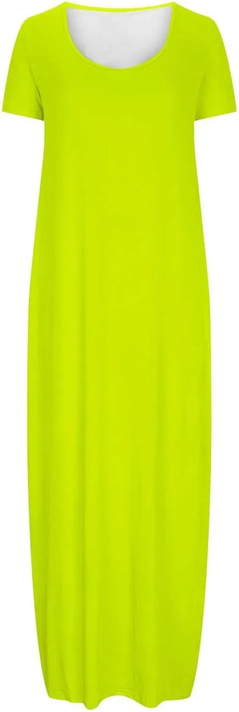 Long Dresses for Women Summer 2025 Round Neck Casual Loose Beach Dress with Pockets Plus Size Solid Color Maxi Dress