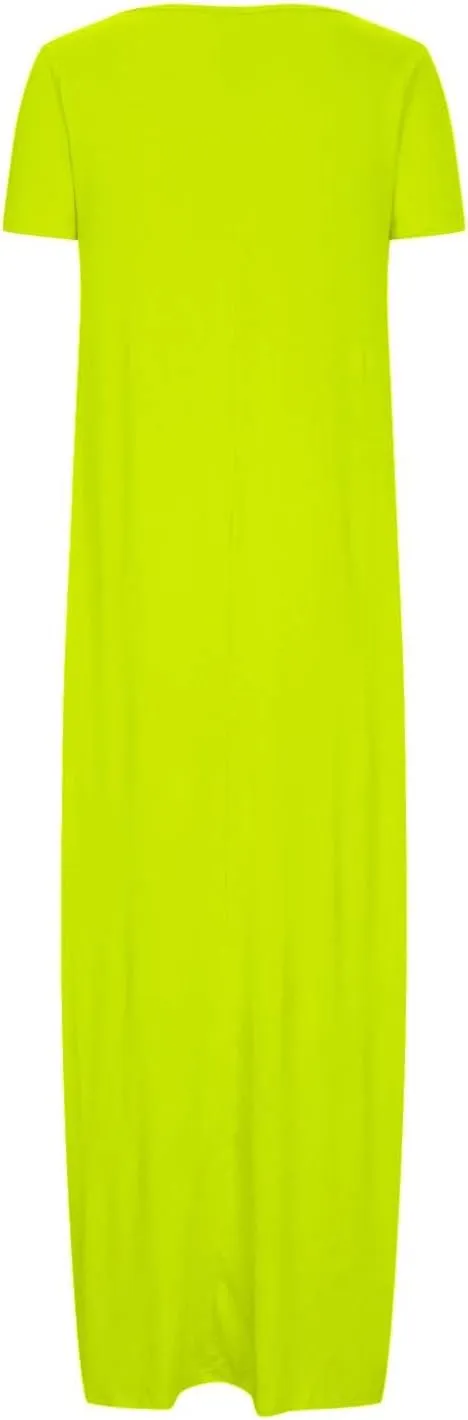 Long Dresses for Women Summer 2025 Round Neck Casual Loose Beach Dress with Pockets Plus Size Solid Color Maxi Dress