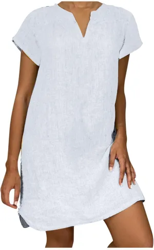 Loose Cotton Linen Dresses for Women 2024 Casual V-Neck Short Sleeve Solid Color Dress Summer Vintage Beach Sundress