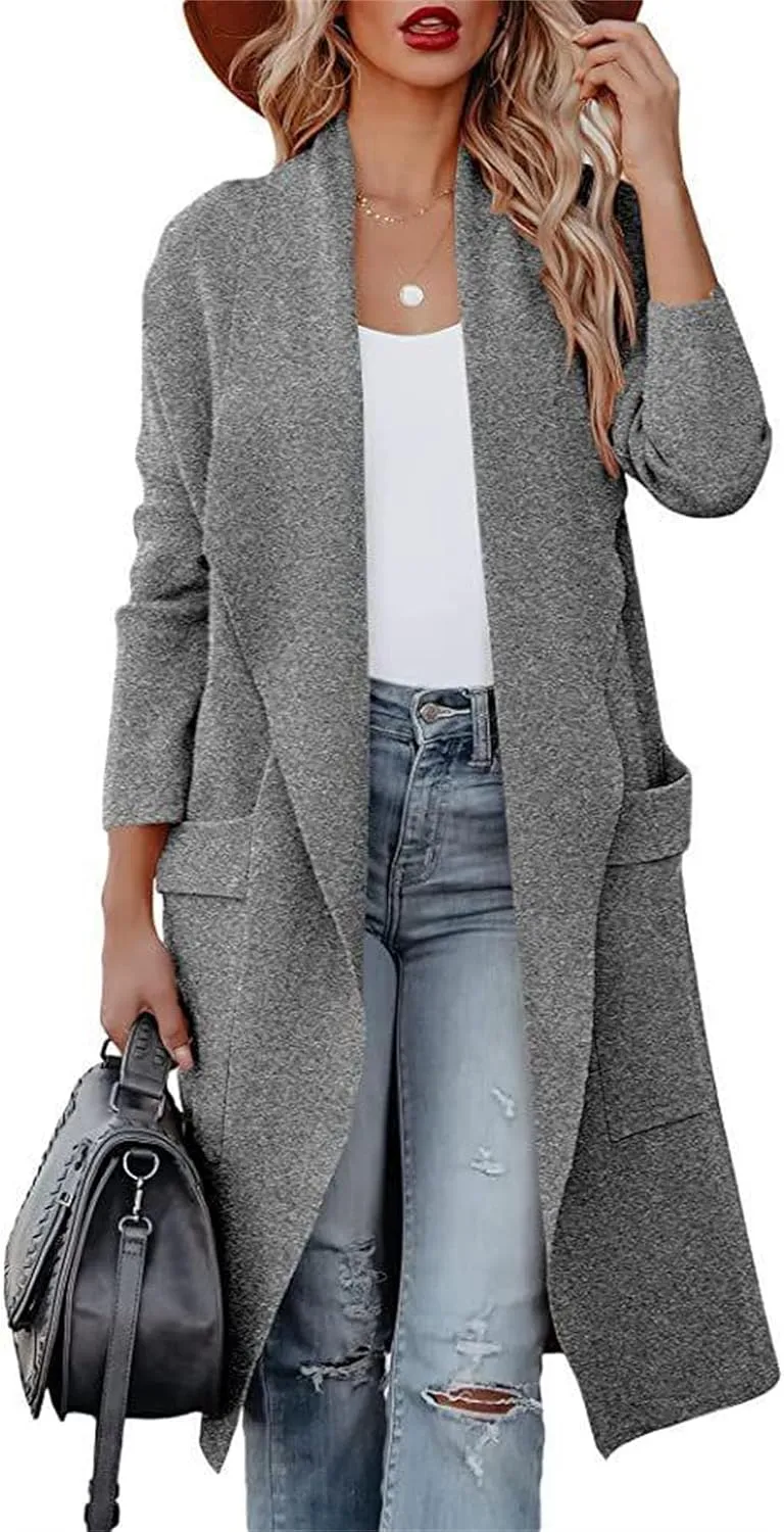 Maiyifu-GJ Women's Wool Blend Trench Coat Long Cardigan Jackets Long Sleeve Sweaters Casual Lapel Open Front Overcoat
