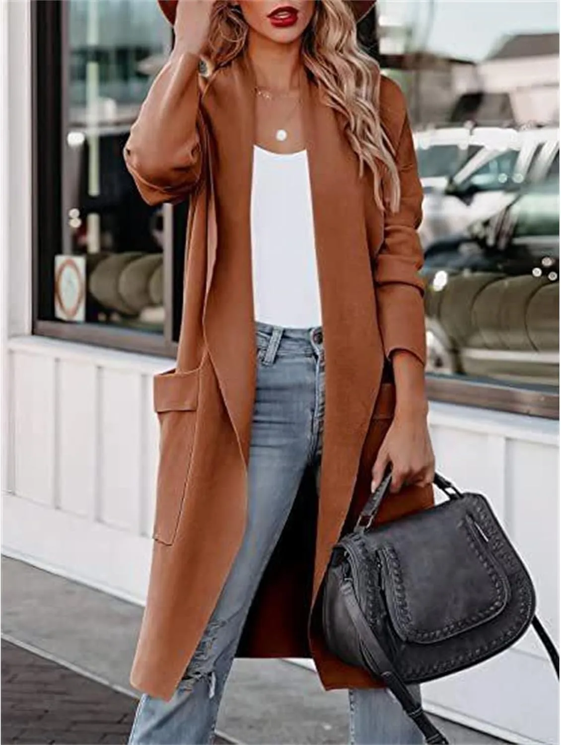Maiyifu-GJ Women's Wool Blend Trench Coat Long Cardigan Jackets Long Sleeve Sweaters Casual Lapel Open Front Overcoat