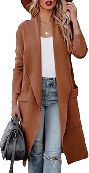 Maiyifu-GJ Women's Wool Blend Trench Coat Long Cardigan Jackets Long Sleeve Sweaters Casual Lapel Open Front Overcoat