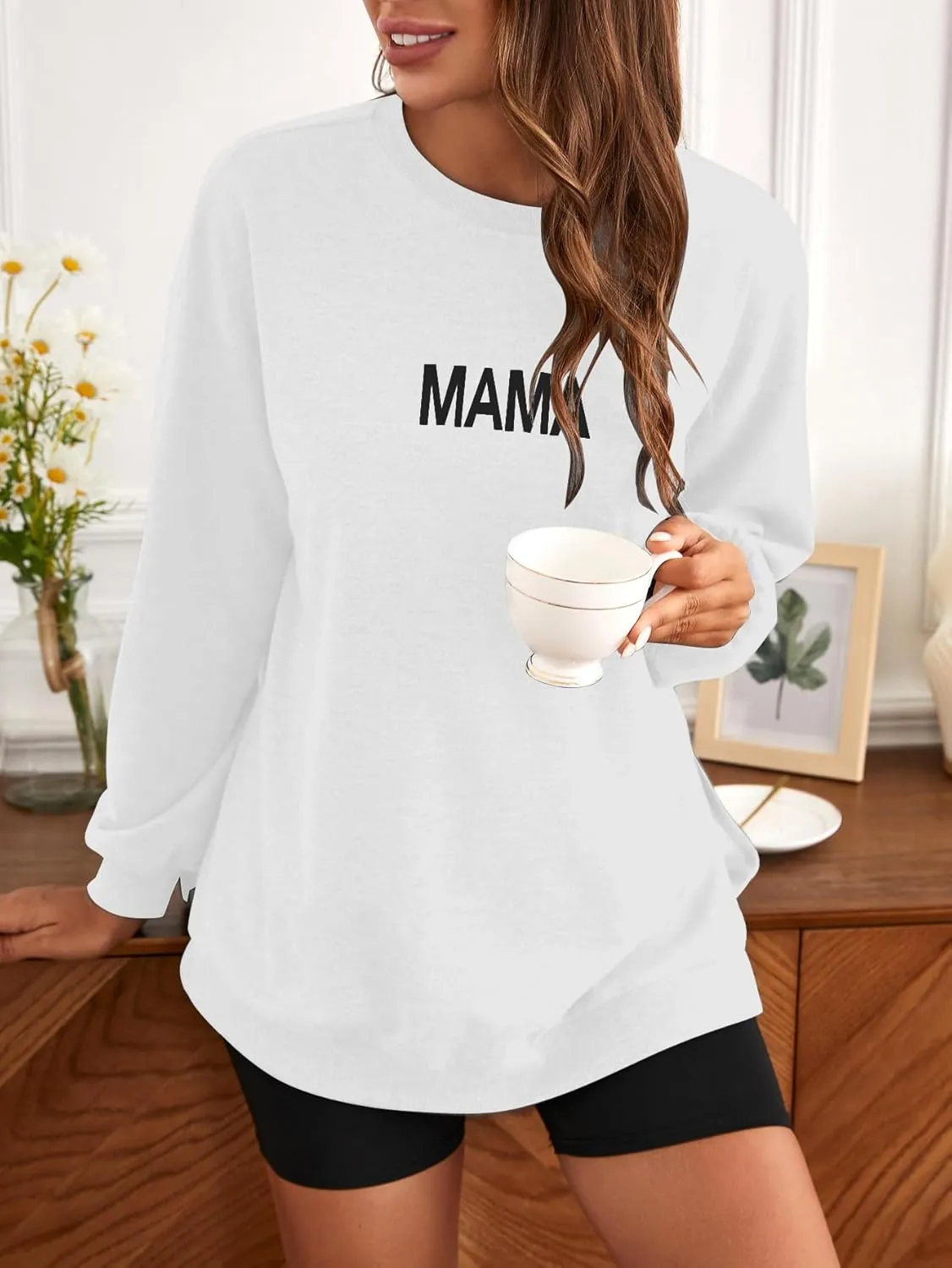 MakeMeChic Women's Maternity Sweatshirt Oversized Long Sleeve Split Side Graphic Pullover Tee Tops Pregnancy Mama Sweatshirt
