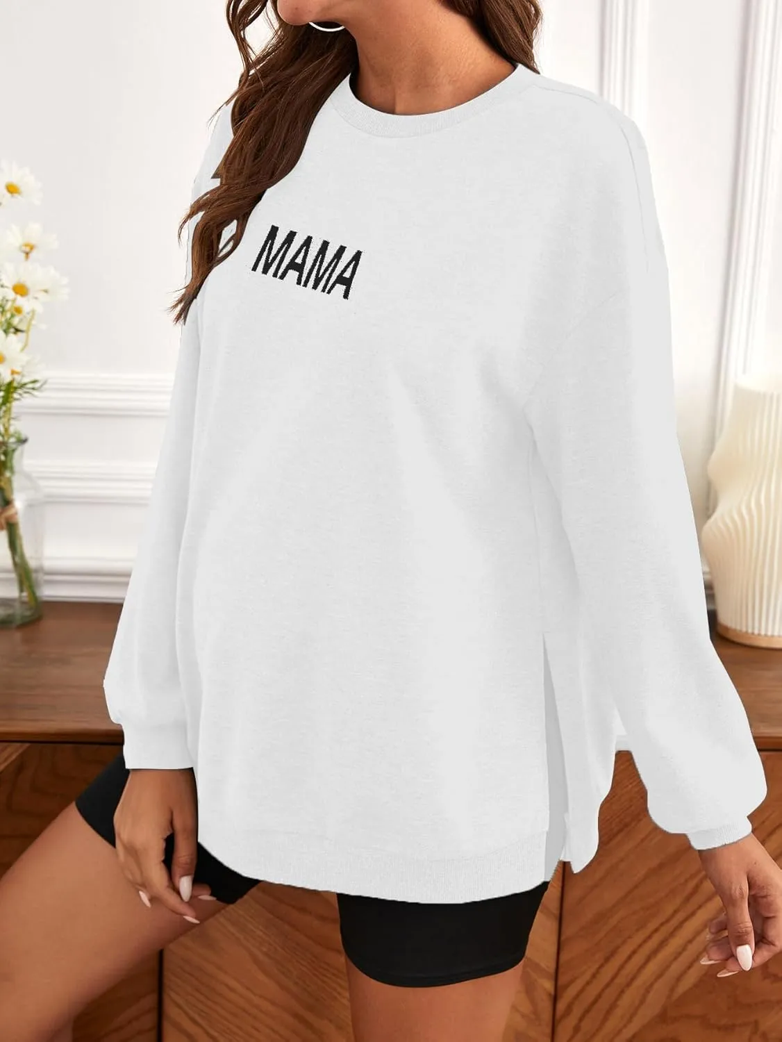 MakeMeChic Women's Maternity Sweatshirt Oversized Long Sleeve Split Side Graphic Pullover Tee Tops Pregnancy Mama Sweatshirt