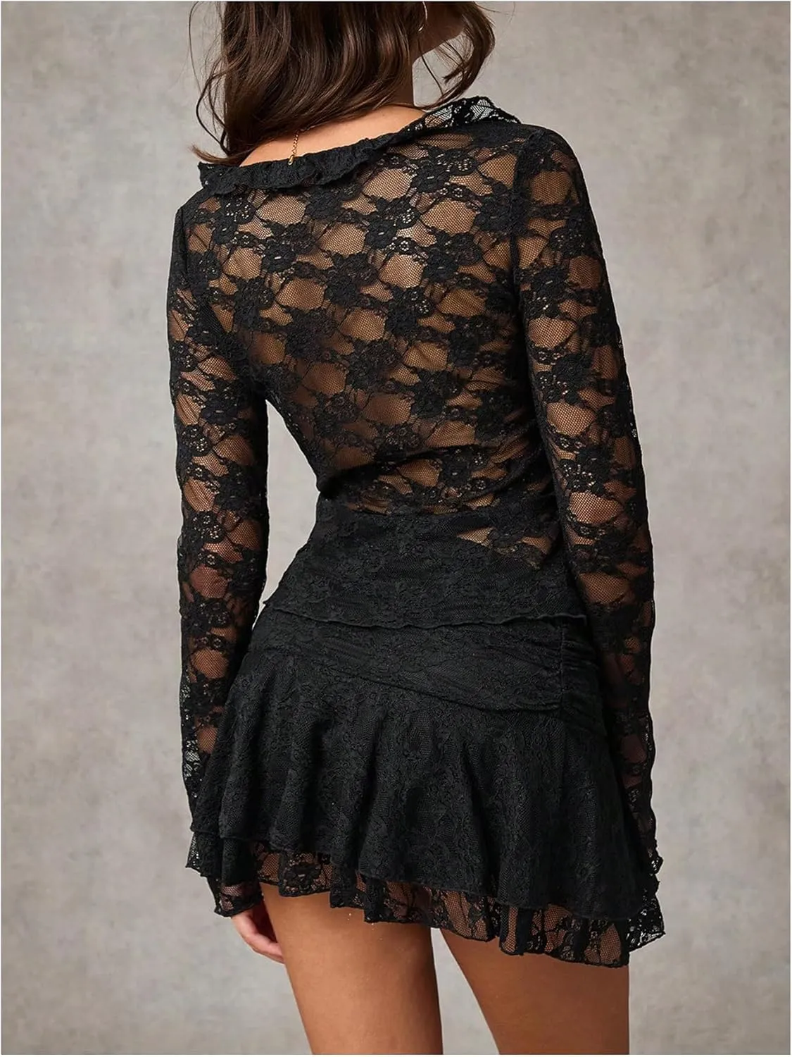 MakeMeChic Women's V Neck Mesh Sheer Floral Lace Tie Front Flare Sleeve Tee Crop Tops