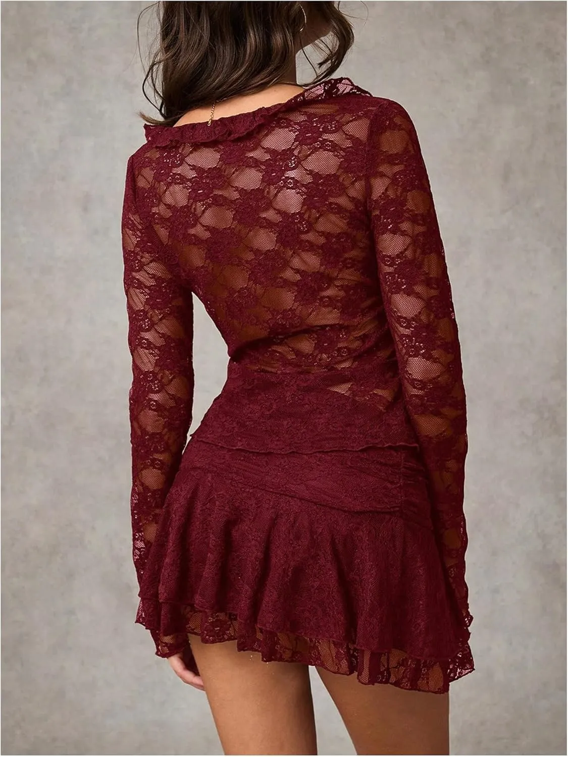 MakeMeChic Women's V Neck Mesh Sheer Floral Lace Tie Front Flare Sleeve Tee Crop Tops