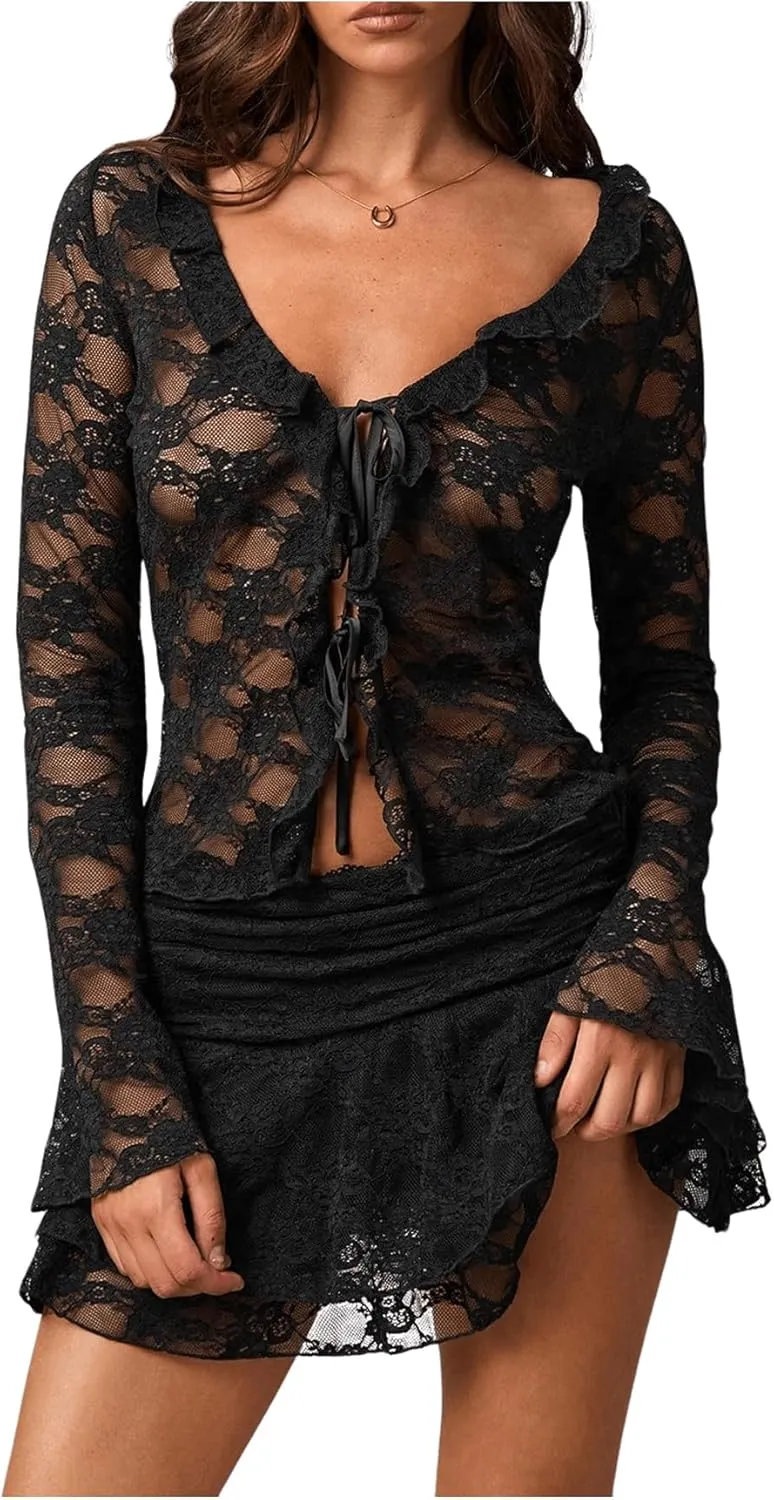 MakeMeChic Women's V Neck Mesh Sheer Floral Lace Tie Front Flare Sleeve Tee Crop Tops