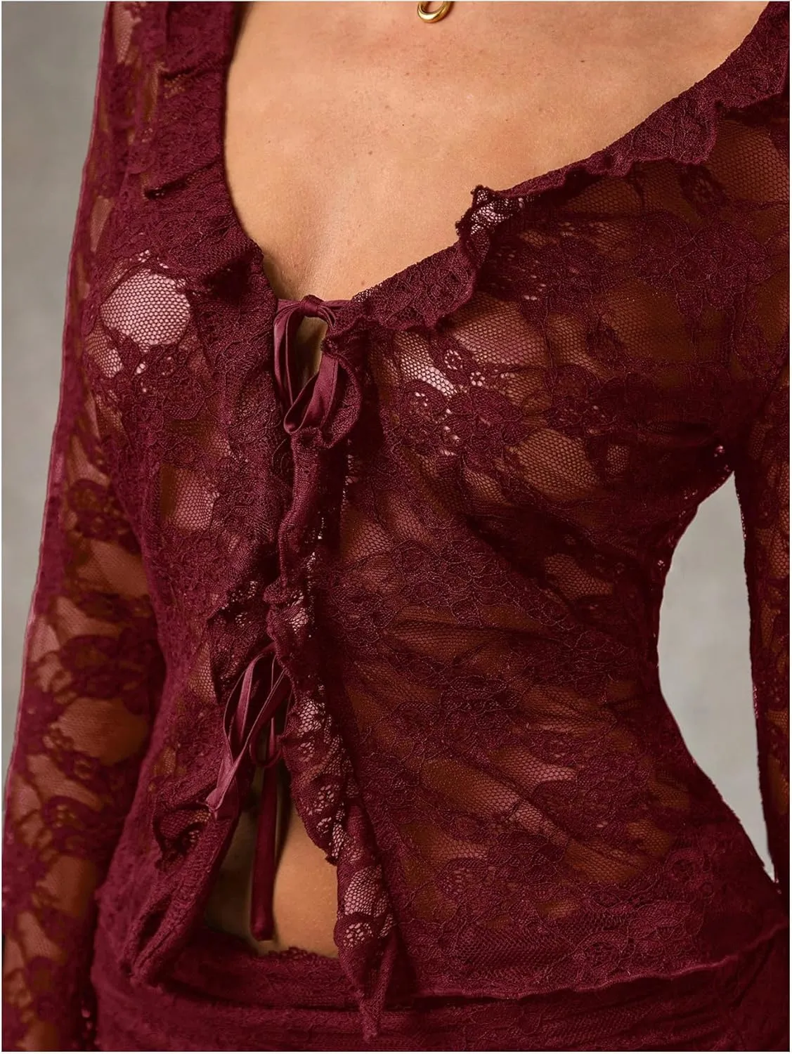 MakeMeChic Women's V Neck Mesh Sheer Floral Lace Tie Front Flare Sleeve Tee Crop Tops