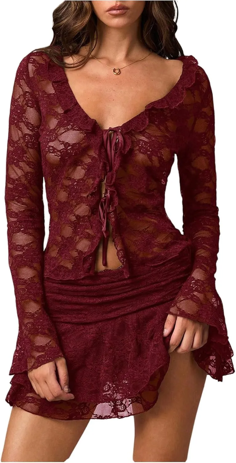 MakeMeChic Women's V Neck Mesh Sheer Floral Lace Tie Front Flare Sleeve Tee Crop Tops