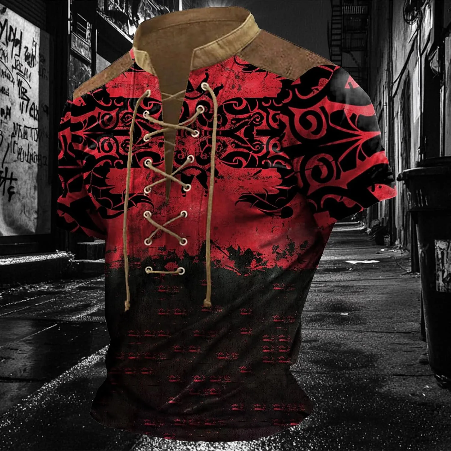 MARSVOVO Men Lace Up V Neck Short Sleeve Fashion Street Style Big and Tall Hip Hop Shirts for Men